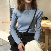 Curly Edge Basic Colors Long Sleeve Slim Knit Blouse