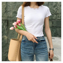 Camiseta corta de verano de algodón con borde rizado