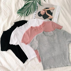 Camiseta corta de verano de algodón con borde rizado