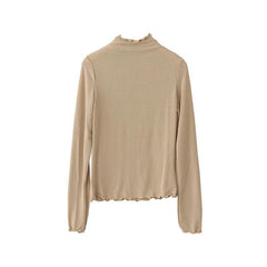Curly Edge High Neck Long Sleeve Simple Colors Cotton Slim Blouse