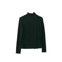 Curly Edge High Neck Long Sleeve Simple Colors Cotton Slim Blouse