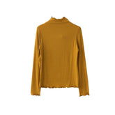 Curly Edge High Neck Long Sleeve Simple Colors Cotton Slim Blouse