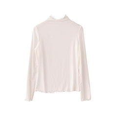 Curly Edge High Neck Long Sleeve Simple Colors Cotton Slim Blouse