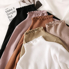 Curly Edges Ribbed Basic Turtle Neck Shirt