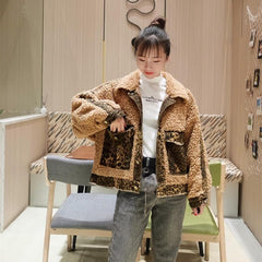 Curly Faux Fur Denim Leopard Pattern Jacket