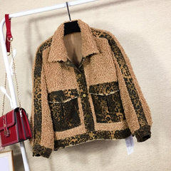 Curly Faux Fur Denim Leopard Pattern Jacket