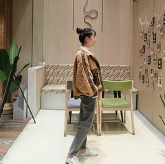 Curly Faux Fur Denim Leopard Pattern Jacket