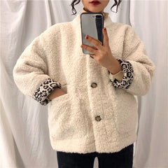 Curly Faux Fur White Pink Leopard Inside Jacket