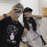 Cute Alien Bear 90S Print White Black Loose T-Shirt