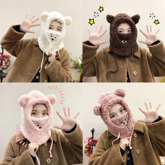 Cute Bear Ears Korean Aesthetic Warm Mask And Hat