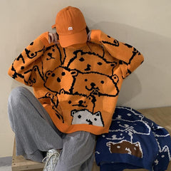 Cute Bear Orange Blue Knitted Oversized Sweater
