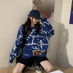 Cute Bear Orange Blue Knitted Oversized Sweater