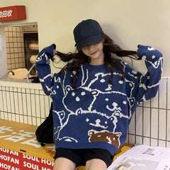 Cute Bear Orange Blue Knitted Oversized Sweater