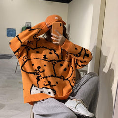 Cute Bear Orange Blue Knitted Oversized Sweater