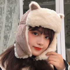 Cute Ears Faux Fur Corduroy Earflap Hat