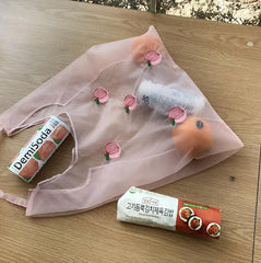 Bonita bolsa de compras fina de malla con frutas bordadas