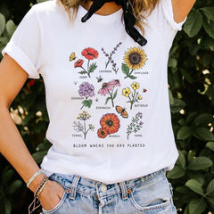 Bonita camiseta blanca holgada, suave y estética con estampado floral