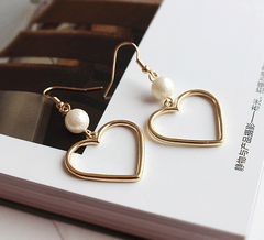 Cute Golden Metallic Pearl Drop Heart Hole Earrings