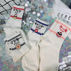 Calcetines con bordado de dibujos animados y estampado de letras japonesas