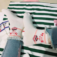 Calcetines con bordado de dibujos animados y estampado de letras japonesas