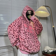Bonita sudadera con capucha suave con estampado de leopardo rosa