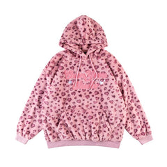 Bonita sudadera con capucha suave con estampado de leopardo rosa