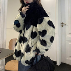 Niedliche bedruckte, flauschige Wattierte Jacke mit hohem Kragen