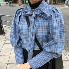 Süße Schleife Puffärmel blau weiß Retro Bluse