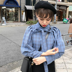 Süße Schleife Puffärmel blau weiß Retro Bluse