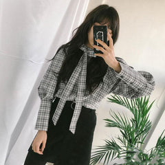 Süße Schleife Puffärmel blau weiß Retro Bluse