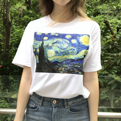 Camiseta blanca de algodón con el arte de Van Gogh "La noche estrellada"