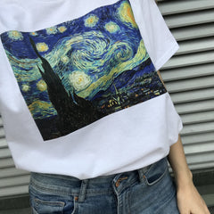Camiseta blanca de algodón con el arte de Van Gogh "La noche estrellada"