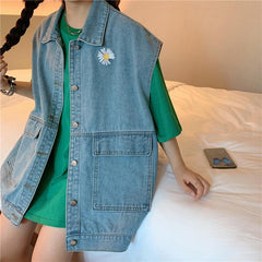 Ärmellose Weste aus Ulzzang-Denim mit Gänseblümchen-Stickerei