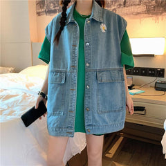 Ärmellose Weste aus Ulzzang-Denim mit Gänseblümchen-Stickerei