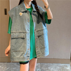 Ärmellose Weste aus Ulzzang-Denim mit Gänseblümchen-Stickerei