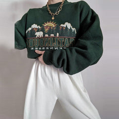 Dunkelgrünes lockeres Sweatshirt mit Vintage-Ästhetik-Print