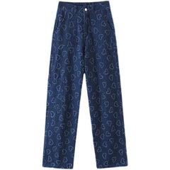 Denim-Jeans mit weitem Bein und ästhetischem Herz-Print im 90er-Jahre-Stil