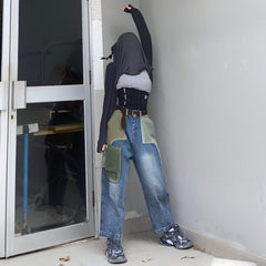 Denim-Haremsjeans mit Farbblockdesign und Taschen