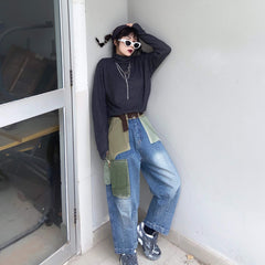 Denim-Haremsjeans mit Farbblockdesign und Taschen