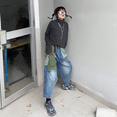 Denim-Haremsjeans mit Farbblockdesign und Taschen