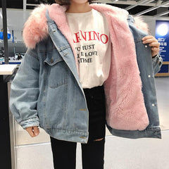 Denim Jean Pink Weiß Kunstpelz Kapuze Outwear Jacke