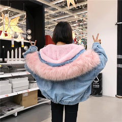 Denim Jean Pink Weiß Kunstpelz Kapuze Outwear Jacke