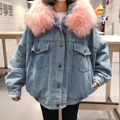 Denim Jean Pink Weiß Kunstpelz Kapuze Outwear Jacke