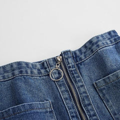 Denim-Taschen vorne Reißverschluss Ring Jean Bleistiftrock über dem Knie