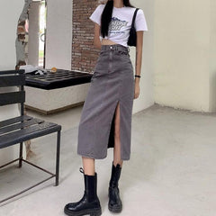 Denim Retro-Ästhetik High Waist Split Midirock
