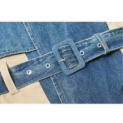 Abrigo largo Ulzzang de doble botonadura con costura vaquera