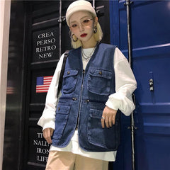 Denim Vintage Aesthetic Zipper Oversized Vest