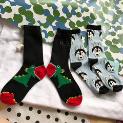 Calcetines largos creativos con dibujos de dinosaurios y perros