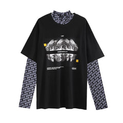 Top de cuello alto con estampado de letras disco + camiseta negra con estampado retro