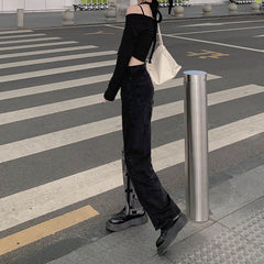 E-Girl Outfit Schwarze Jeans mit hoher Taille und Patchwork